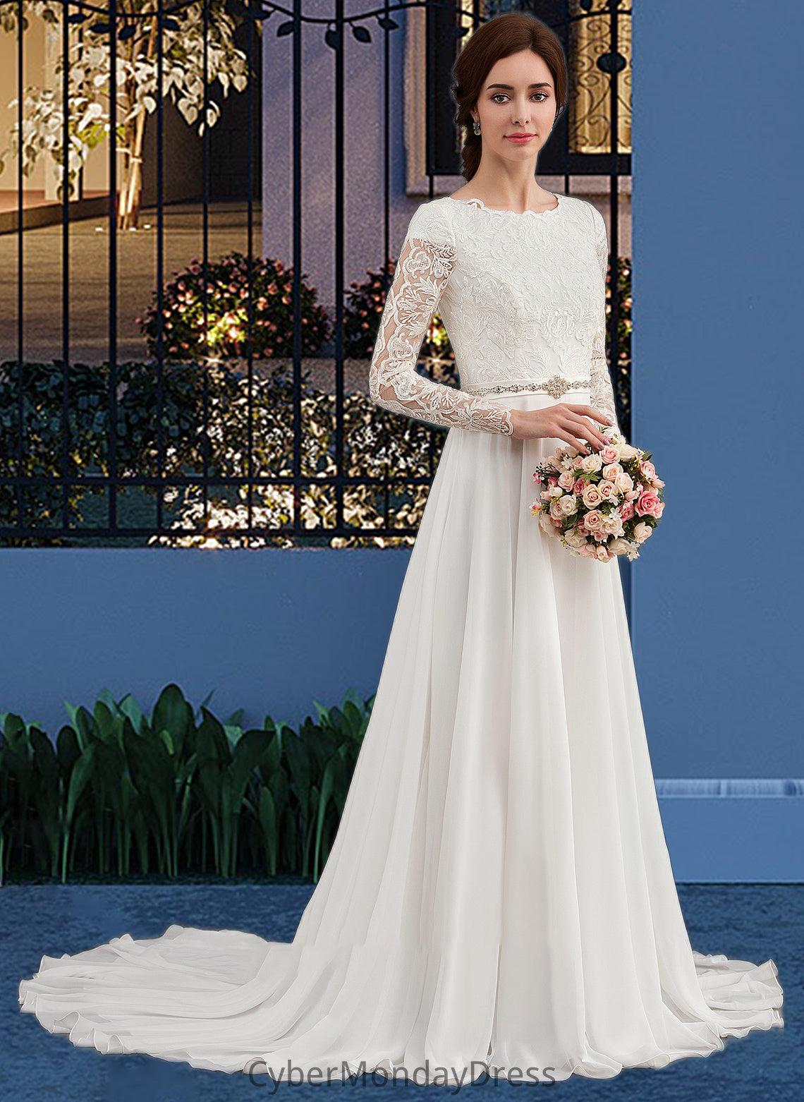 Precious A-Line Scoop Neck Court Train Chiffon Wedding Dress With Beading DTP0013800