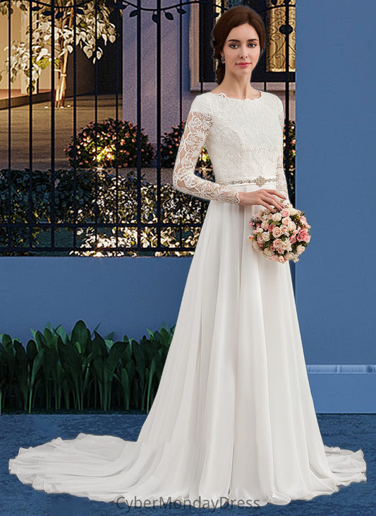 Precious A-Line Scoop Neck Court Train Chiffon Wedding Dress With Beading DTP0013800