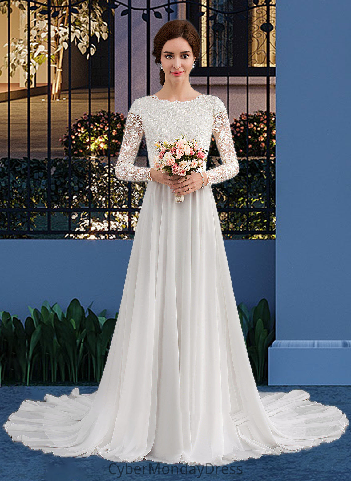 Precious A-Line Scoop Neck Court Train Chiffon Wedding Dress With Beading DTP0013800