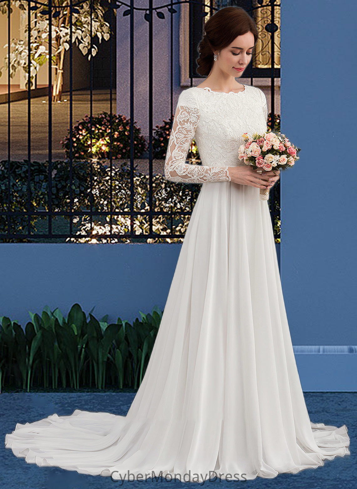 Precious A-Line Scoop Neck Court Train Chiffon Wedding Dress With Beading DTP0013800