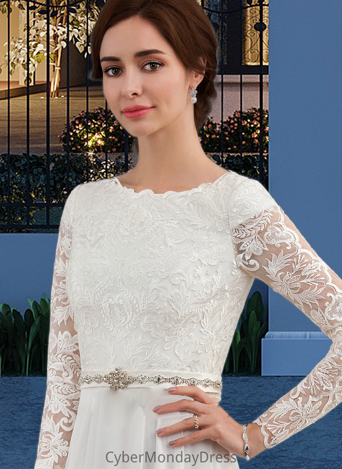 Precious A-Line Scoop Neck Court Train Chiffon Wedding Dress With Beading DTP0013800