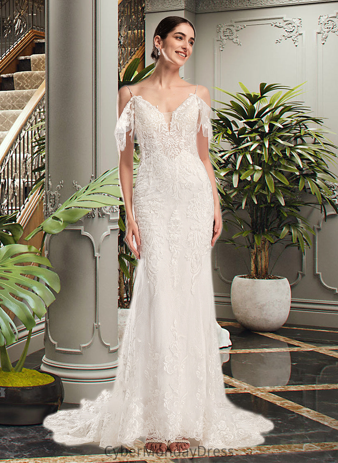 Kit Trumpet/Mermaid V-neck Chapel Train Wedding Dress With Beading Sequins DTP0013802