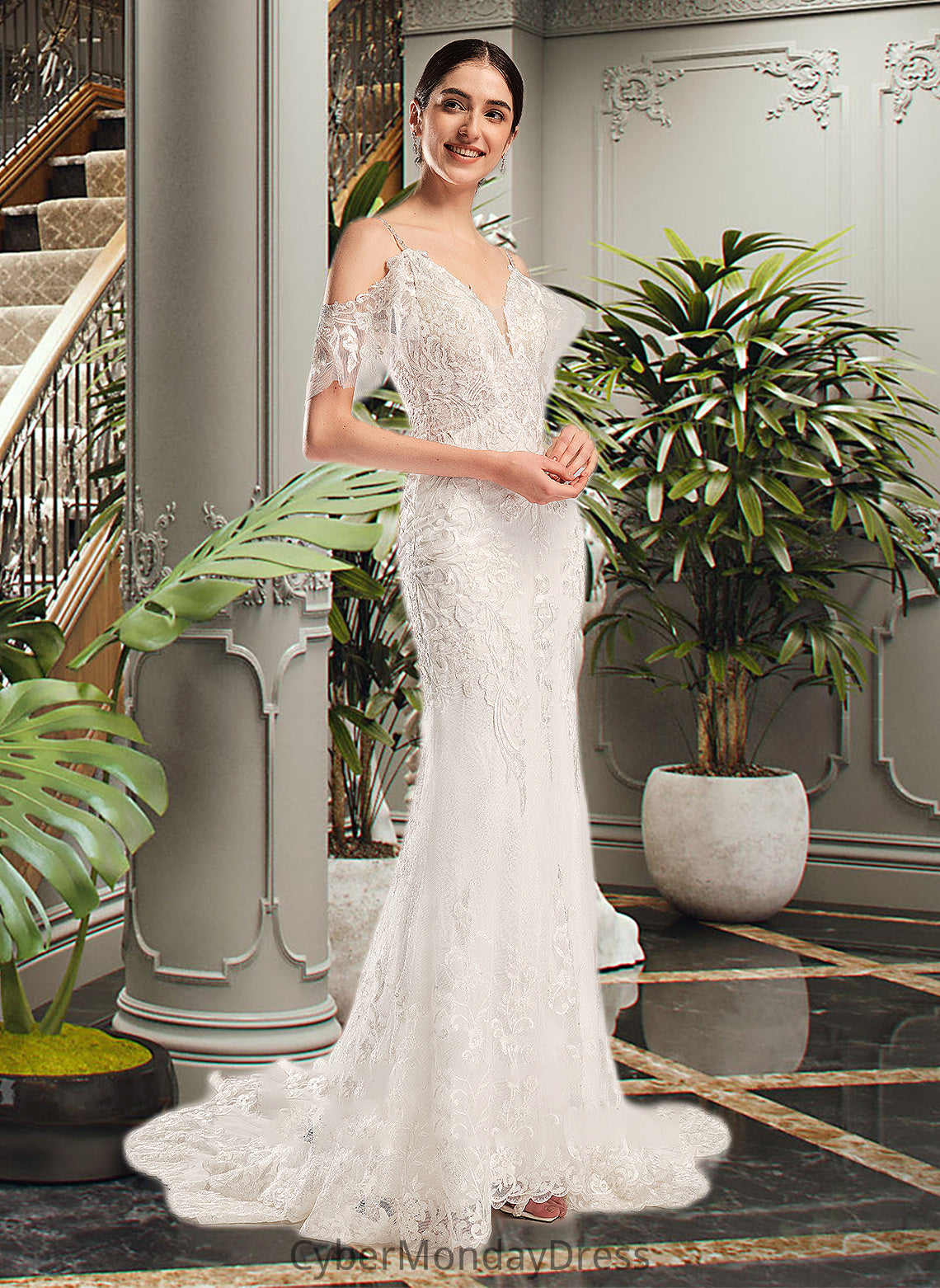 Kit Trumpet/Mermaid V-neck Chapel Train Wedding Dress With Beading Sequins DTP0013802