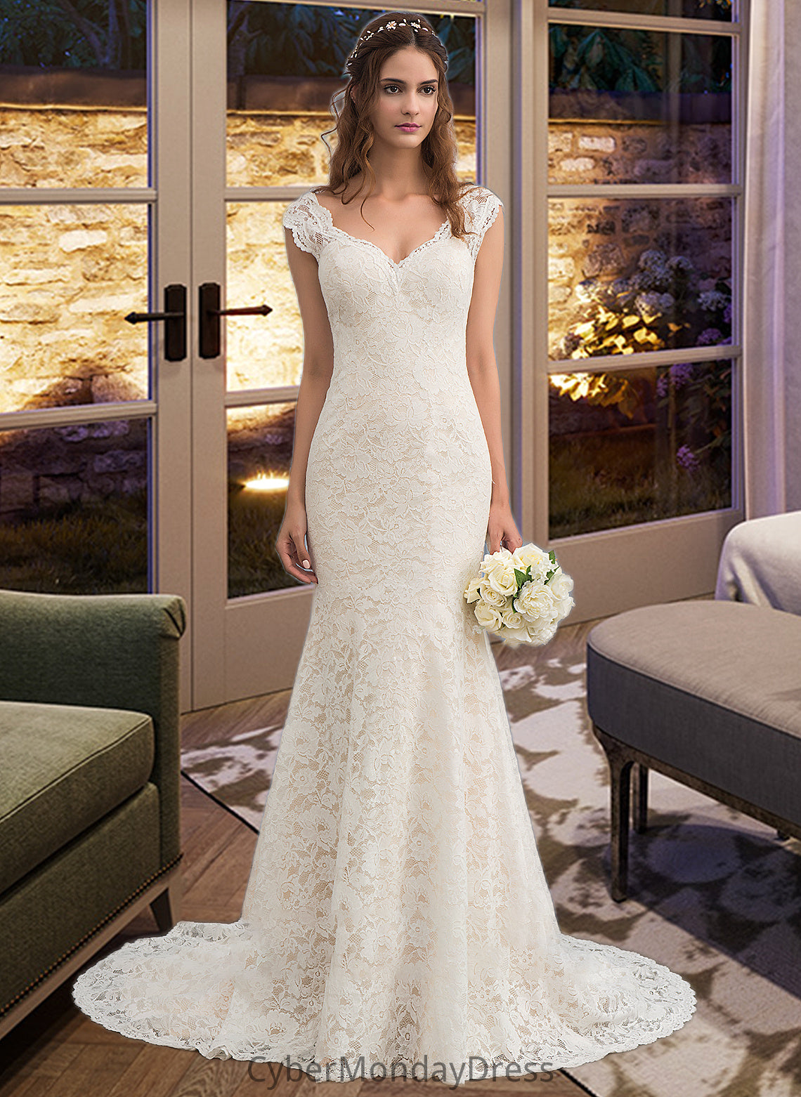 Melany Trumpet/Mermaid V-neck Court Train Lace Wedding Dress DTP0013804