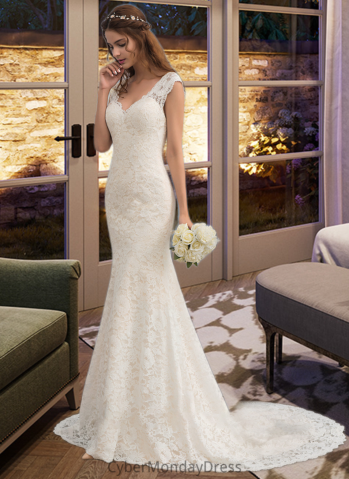 Melany Trumpet/Mermaid V-neck Court Train Lace Wedding Dress DTP0013804