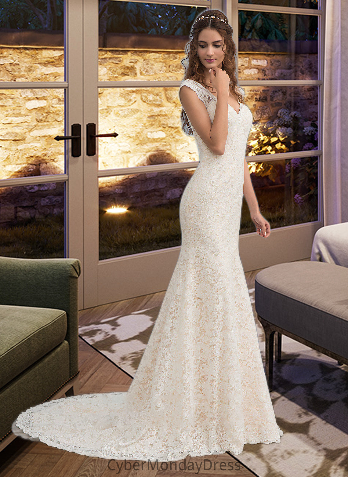 Melany Trumpet/Mermaid V-neck Court Train Lace Wedding Dress DTP0013804