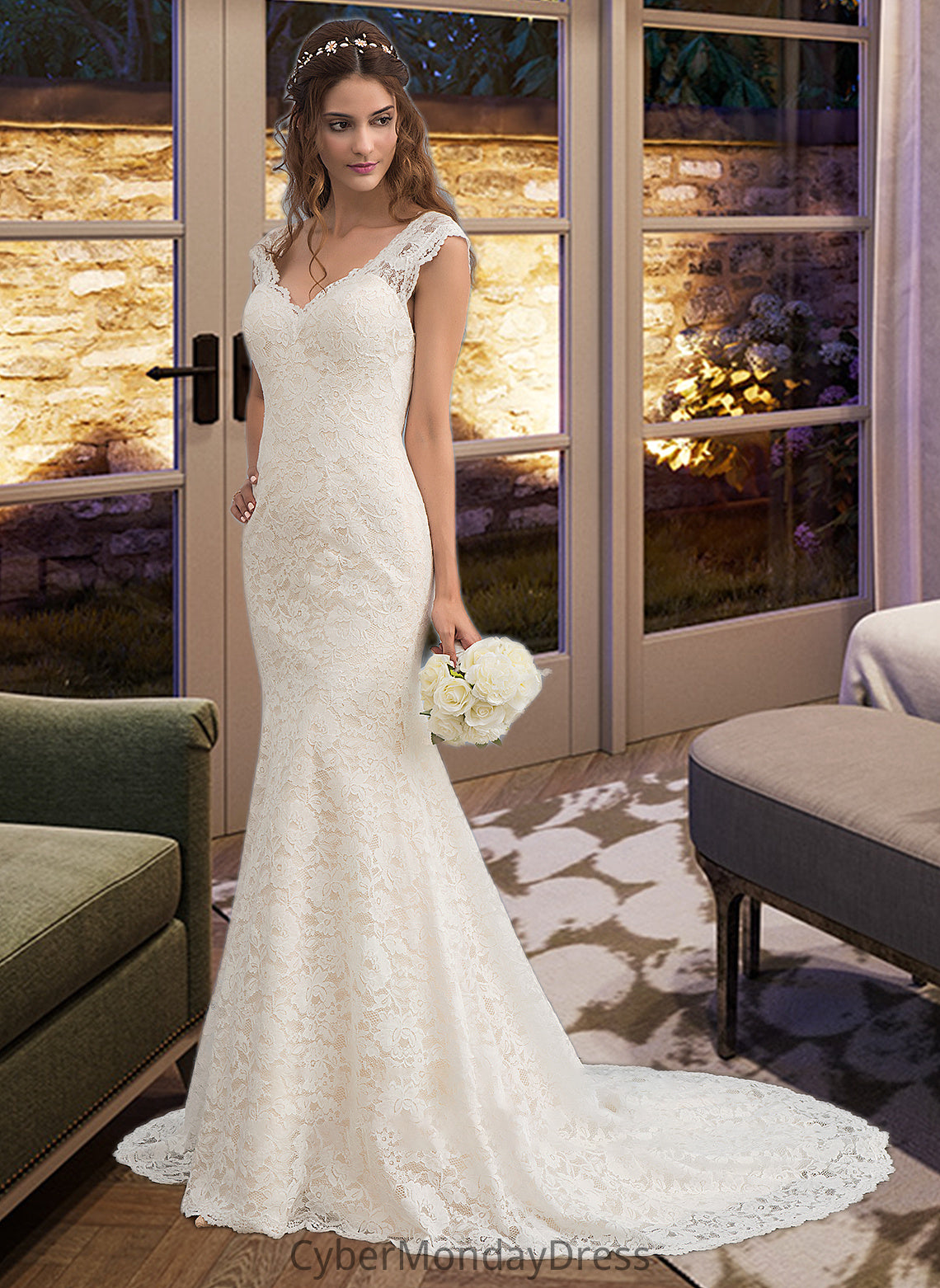 Melany Trumpet/Mermaid V-neck Court Train Lace Wedding Dress DTP0013804