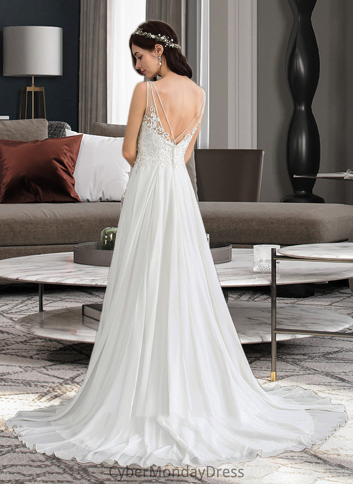 Haven A-Line V-neck Sweep Train Chiffon Wedding Dress With Beading Sequins Split Front DTP0013806