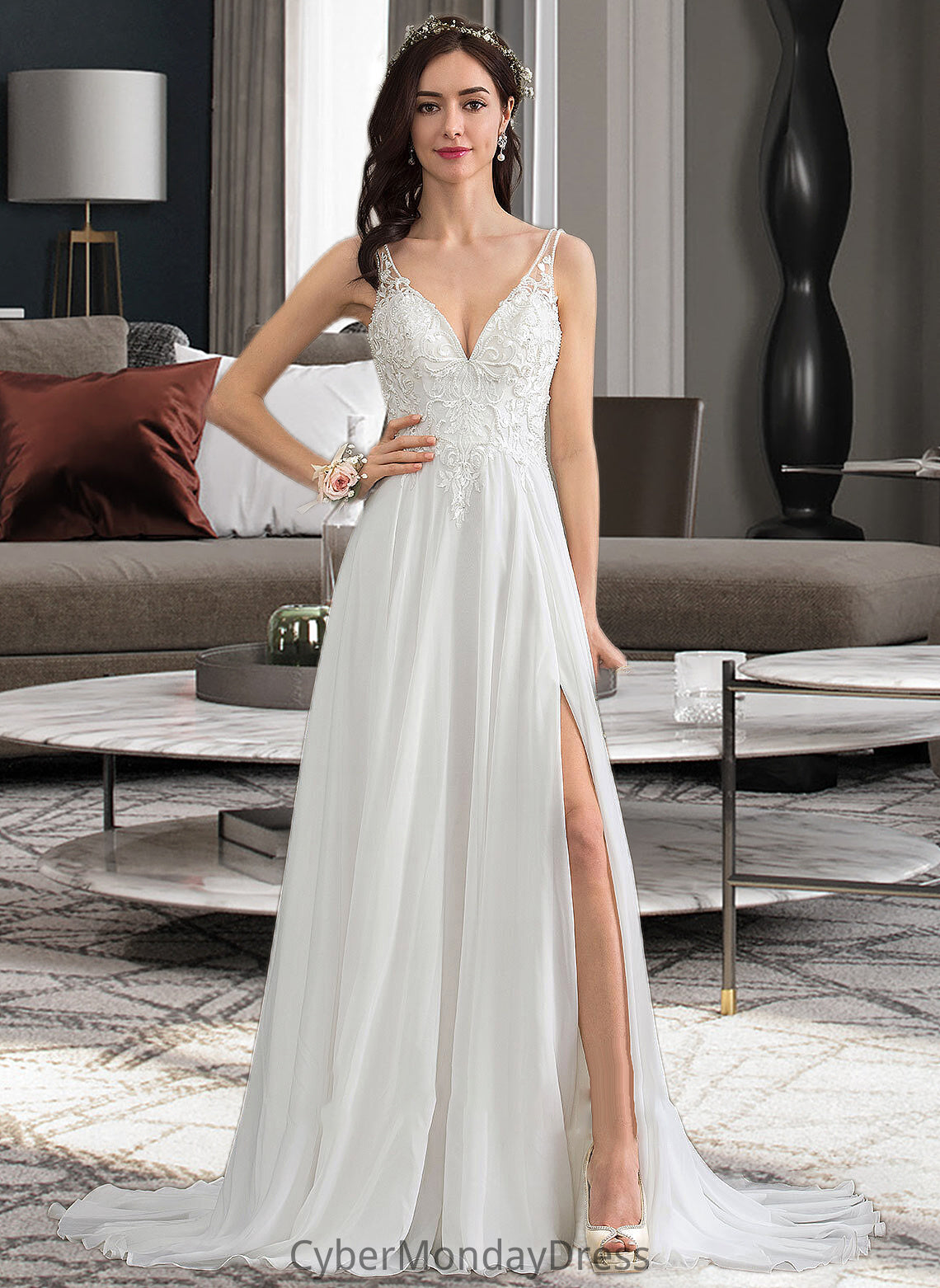 Haven A-Line V-neck Sweep Train Chiffon Wedding Dress With Beading Sequins Split Front DTP0013806