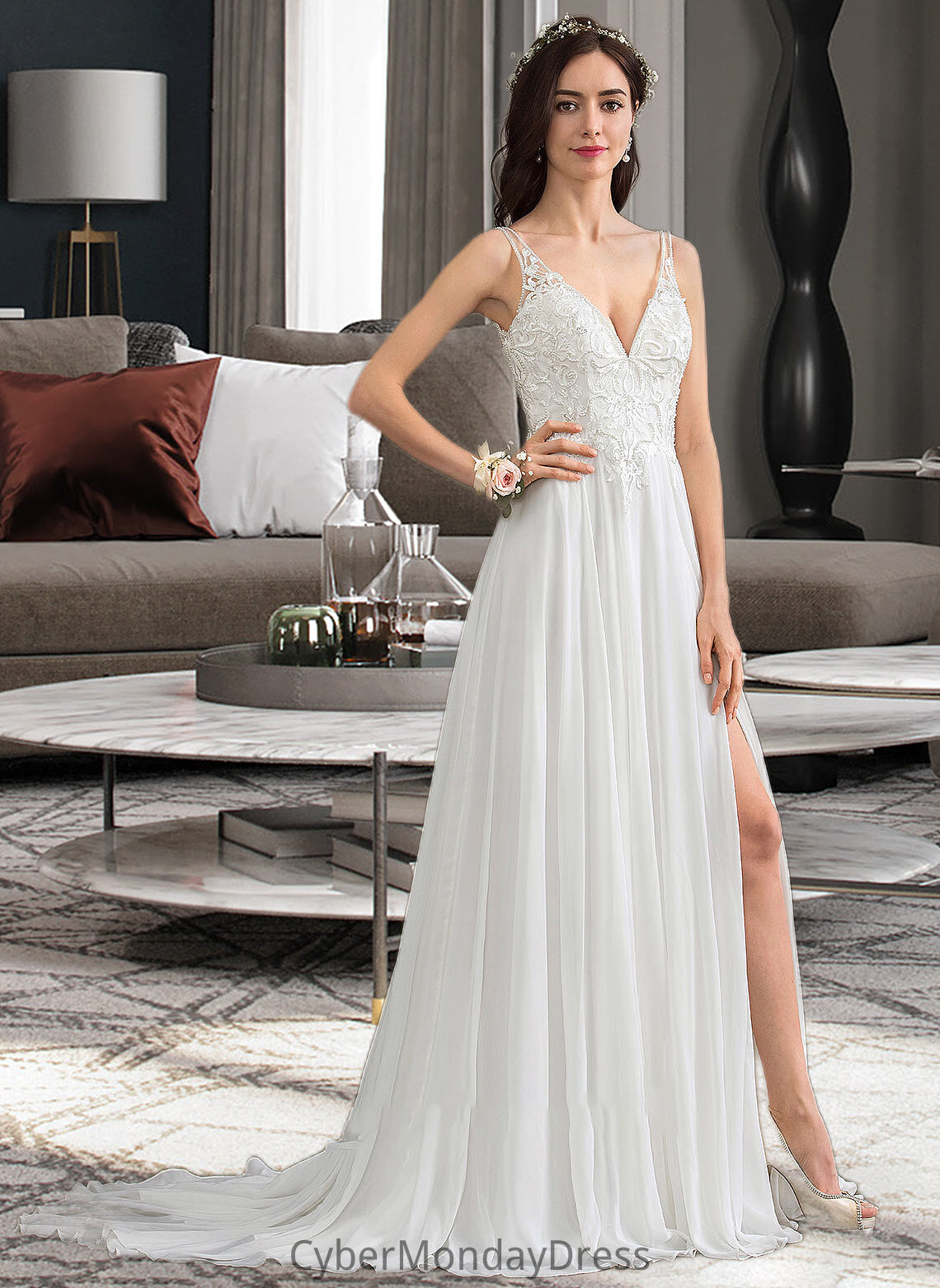 Haven A-Line V-neck Sweep Train Chiffon Wedding Dress With Beading Sequins Split Front DTP0013806