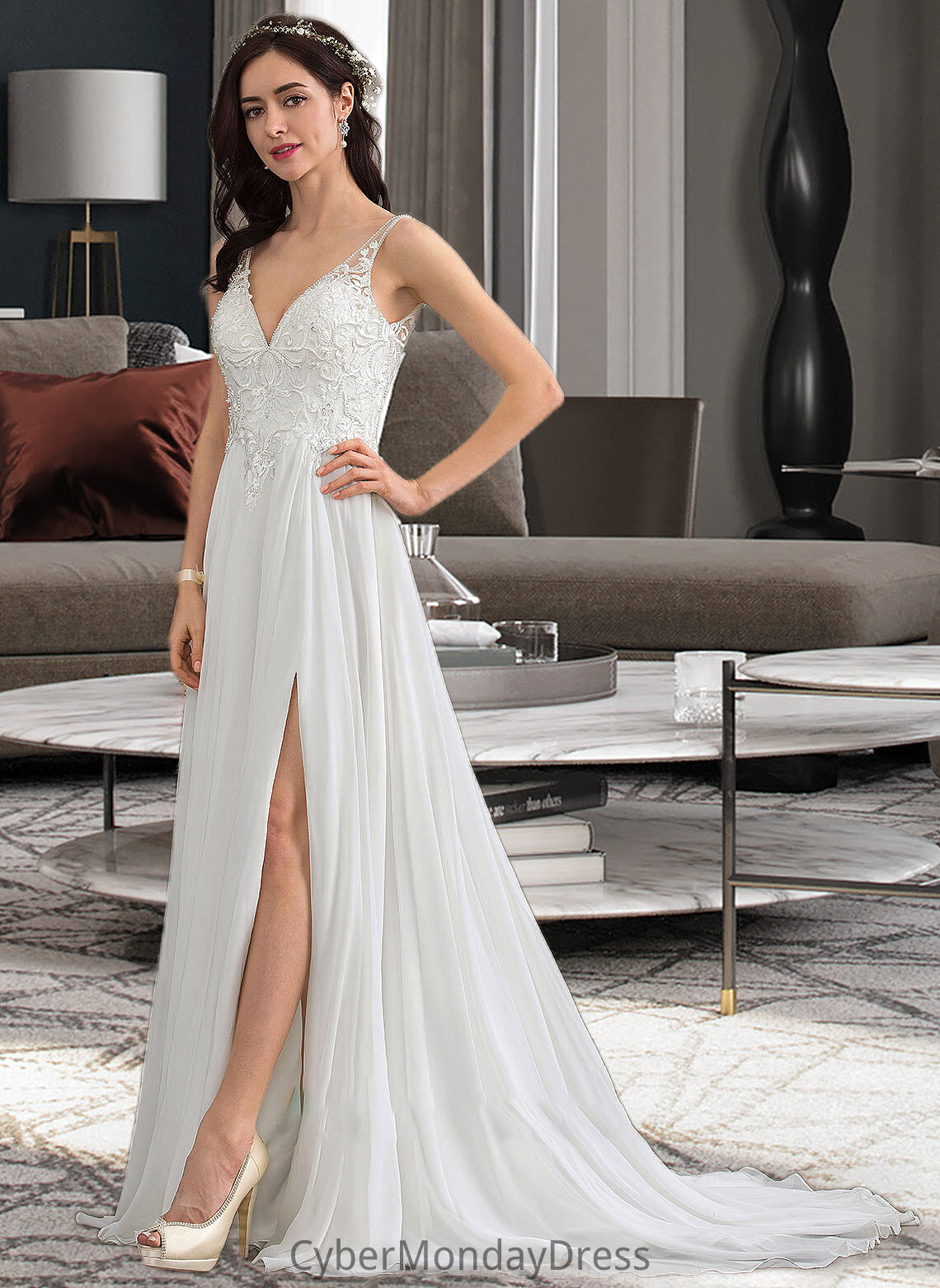 Haven A-Line V-neck Sweep Train Chiffon Wedding Dress With Beading Sequins Split Front DTP0013806