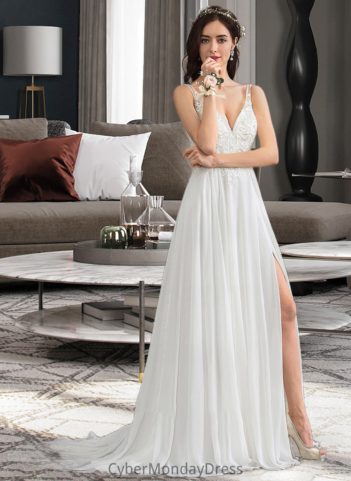 Haven A-Line V-neck Sweep Train Chiffon Wedding Dress With Beading Sequins Split Front DTP0013806