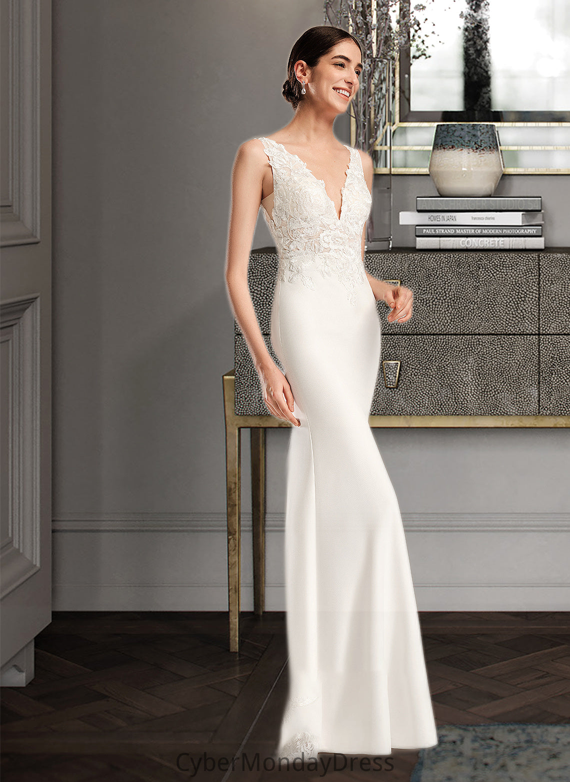 Jaylyn Sheath/Column V-neck Court Train Wedding Dress With Sequins DTP0013807