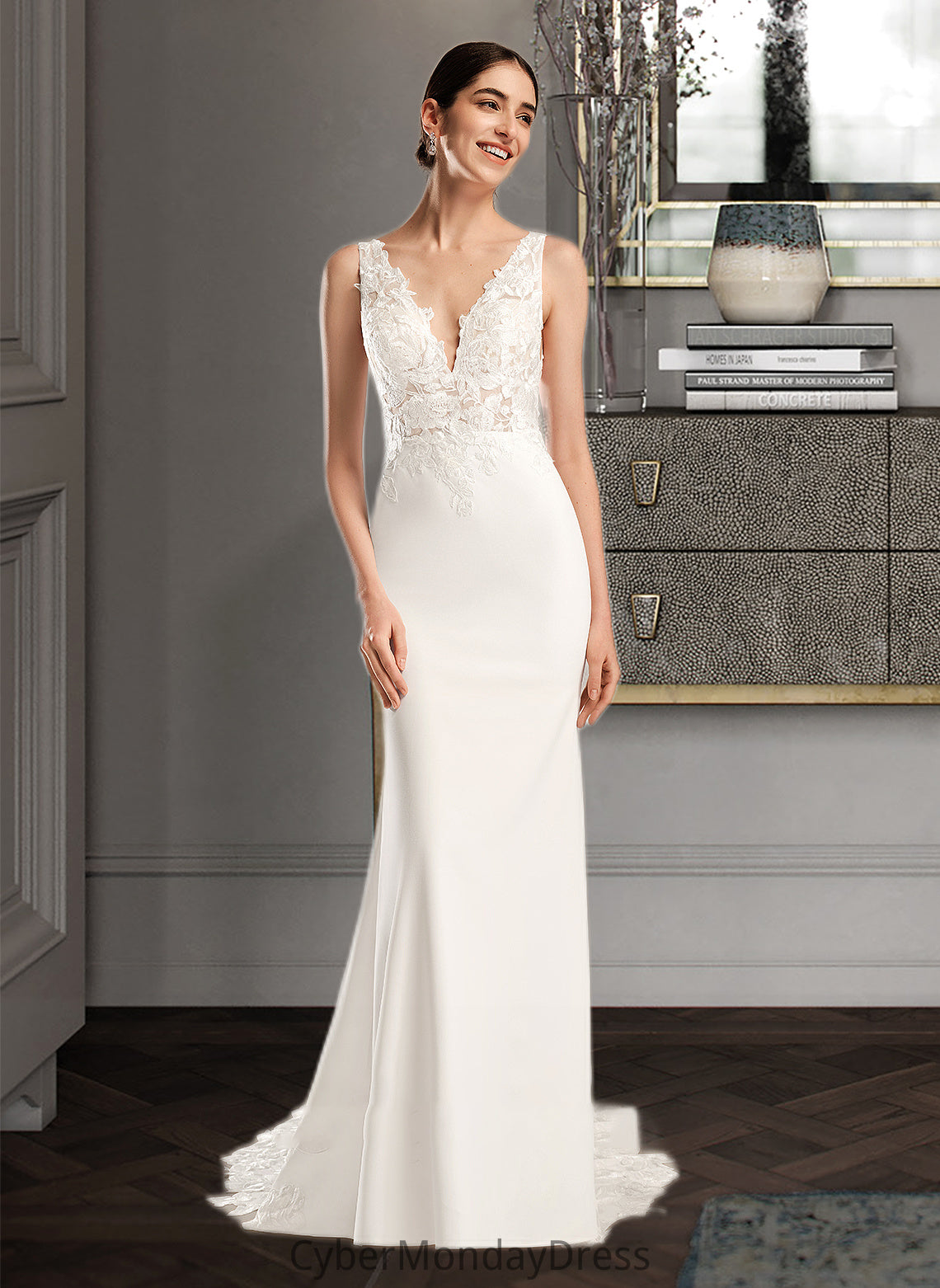 Jaylyn Sheath/Column V-neck Court Train Wedding Dress With Sequins DTP0013807