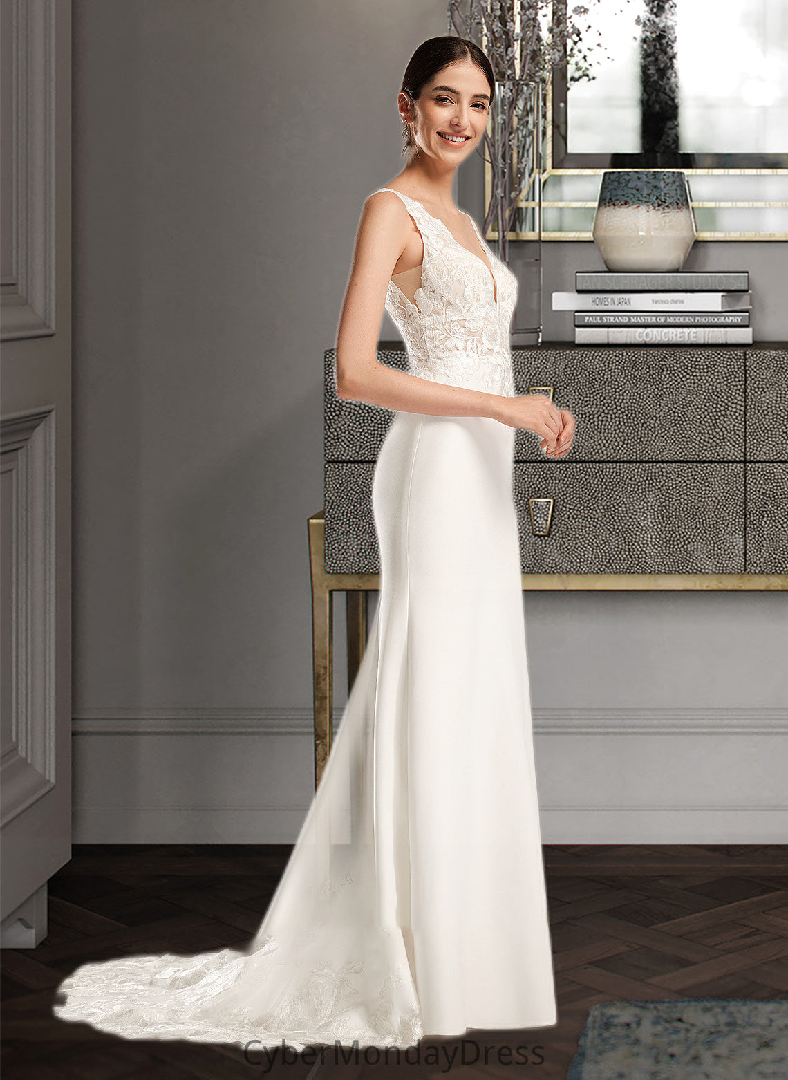 Jaylyn Sheath/Column V-neck Court Train Wedding Dress With Sequins DTP0013807