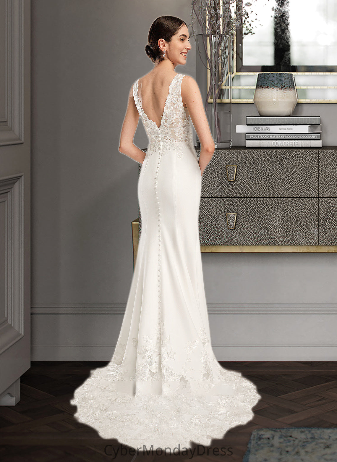 Jaylyn Sheath/Column V-neck Court Train Wedding Dress With Sequins DTP0013807