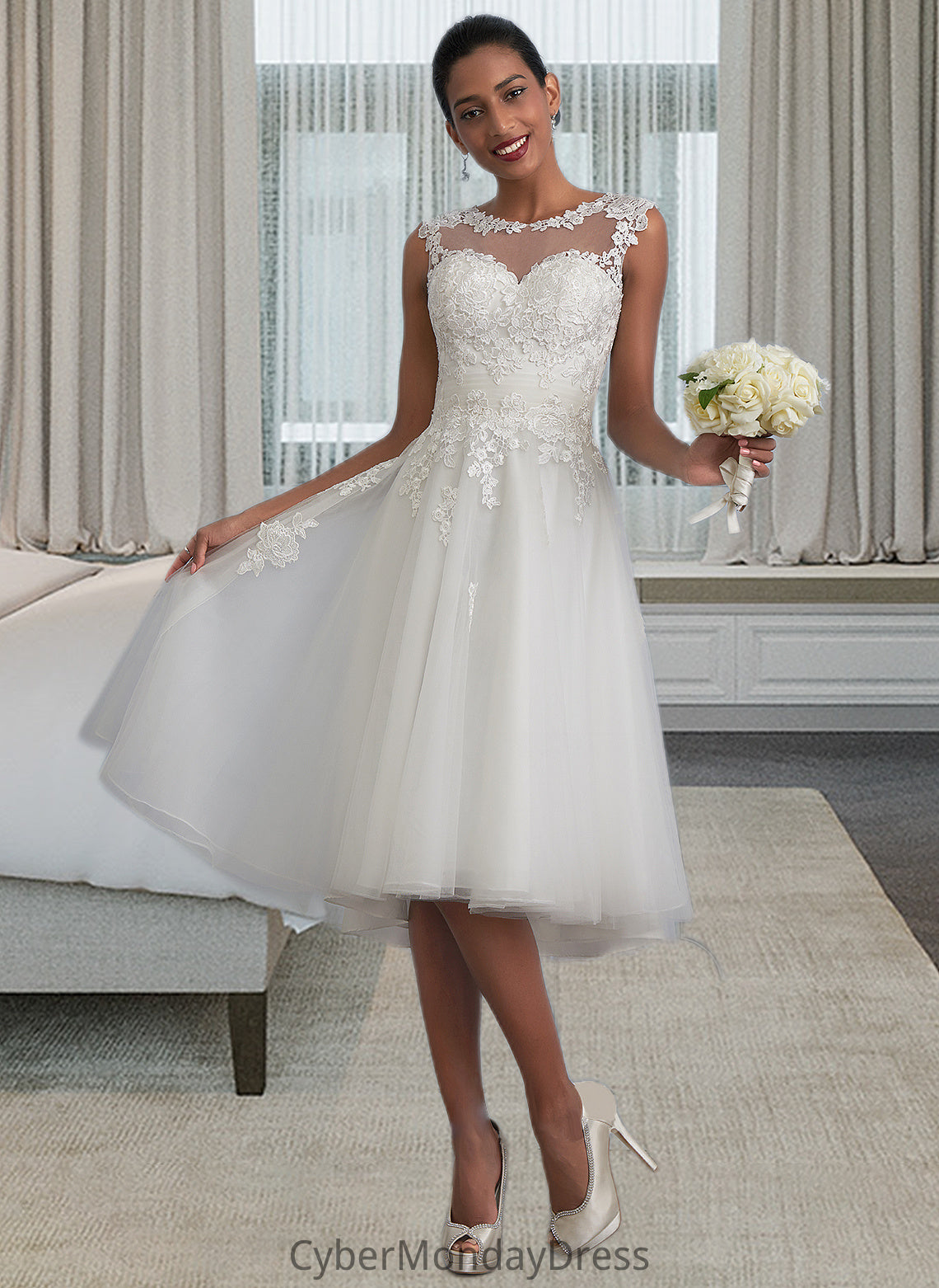 Gracie A-Line Illusion Asymmetrical Tulle Wedding Dress With Ruffle DTP0013808