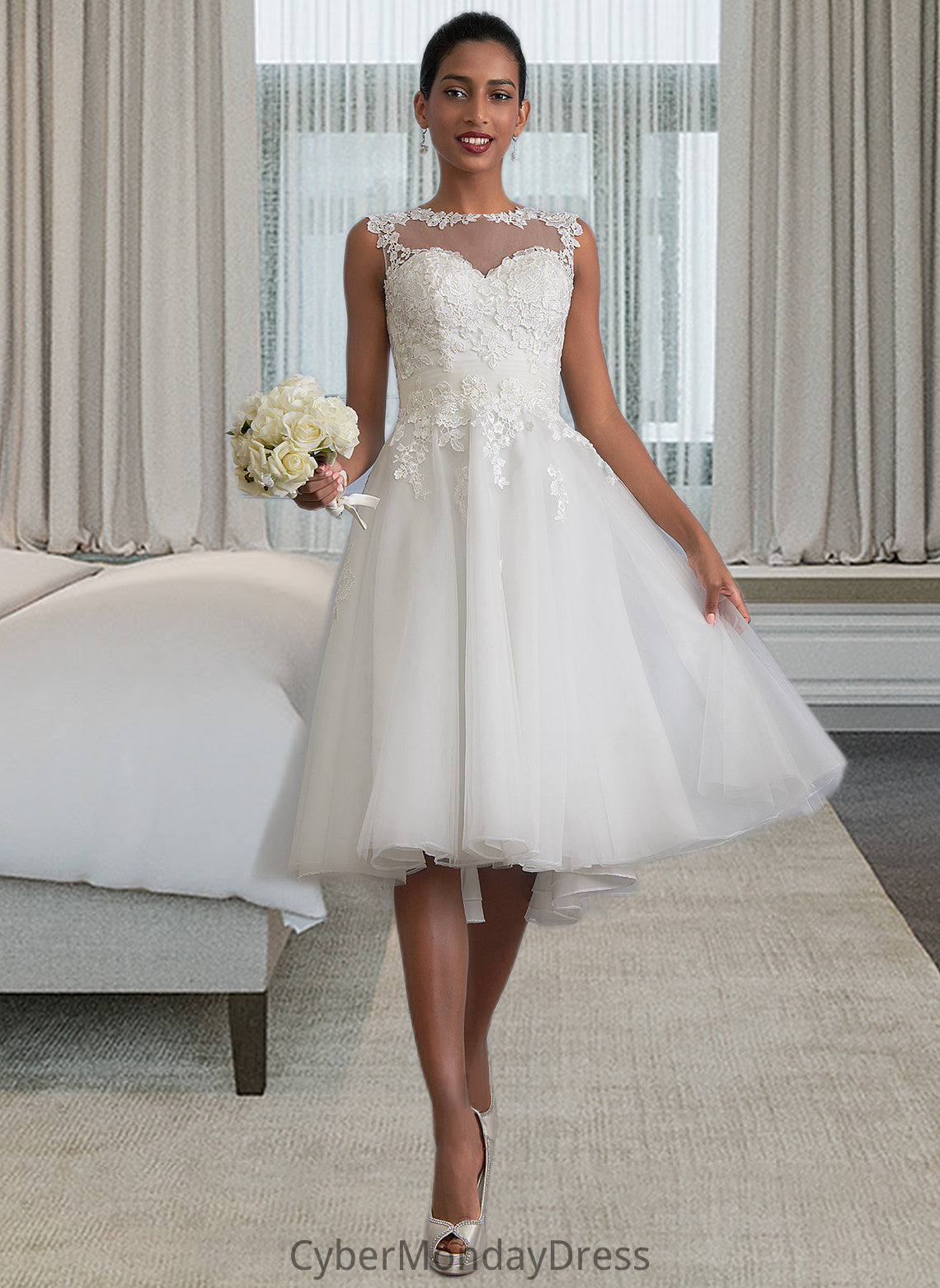 Gracie A-Line Illusion Asymmetrical Tulle Wedding Dress With Ruffle DTP0013808