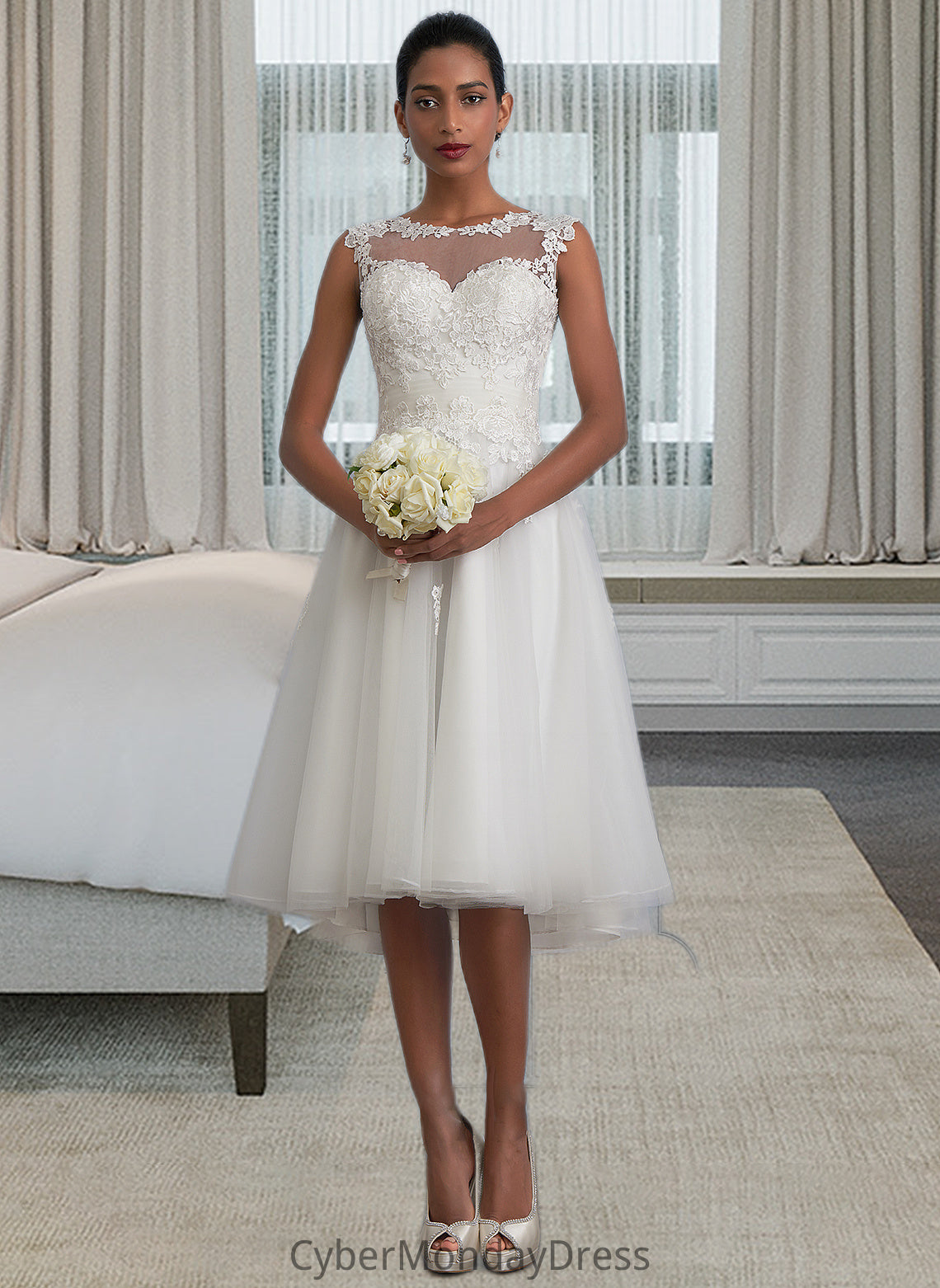 Gracie A-Line Illusion Asymmetrical Tulle Wedding Dress With Ruffle DTP0013808