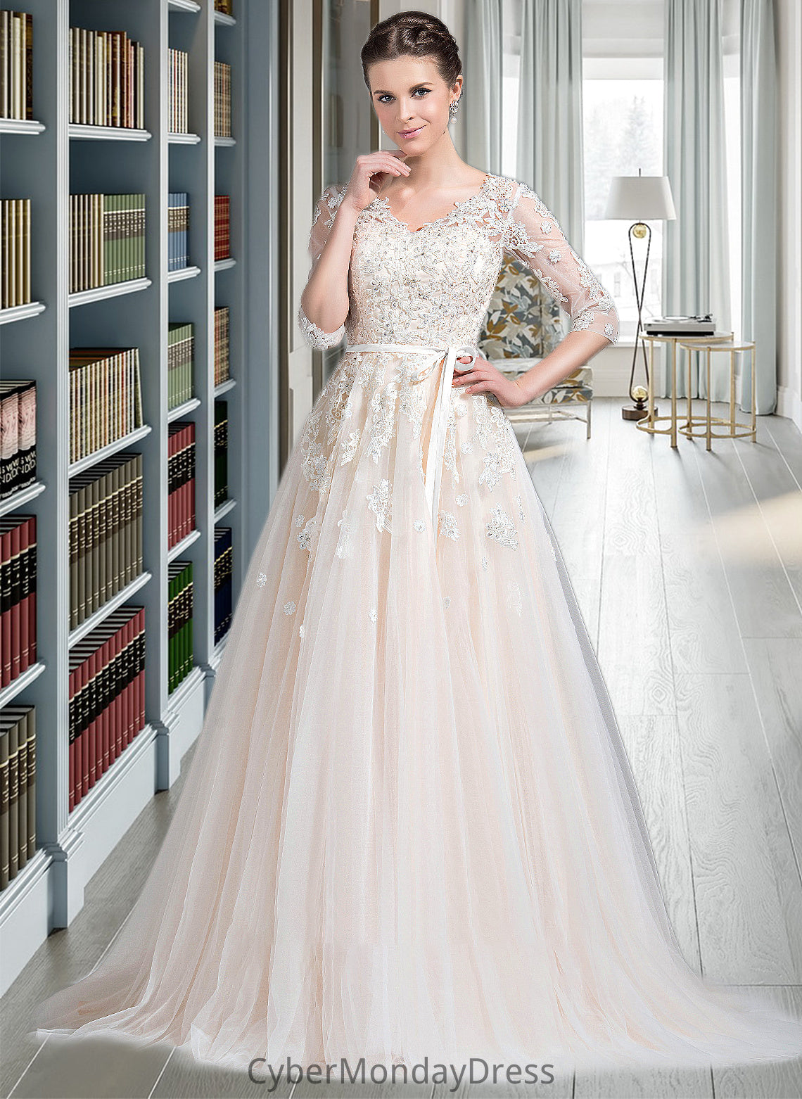 Elva Ball-Gown/Princess V-neck Court Train Tulle Wedding Dress With Beading Appliques Lace Sequins Bow(s) DTP0013809