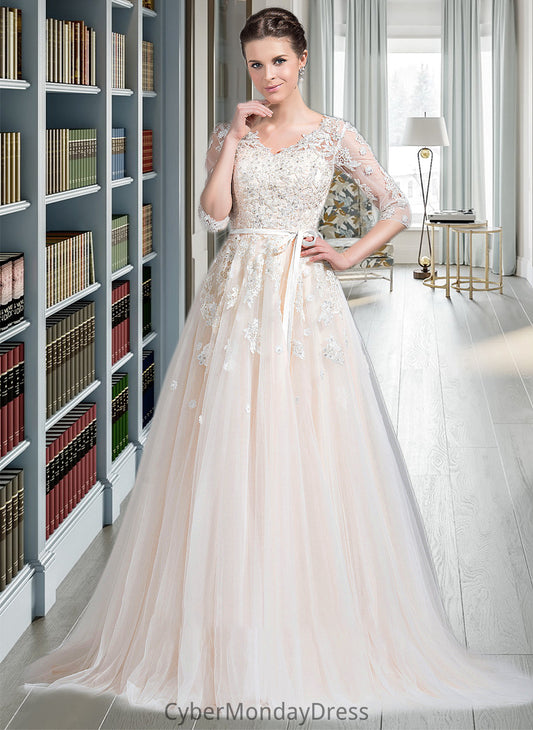 Elva Ball-Gown/Princess V-neck Court Train Tulle Wedding Dress With Beading Appliques Lace Sequins Bow(s) DTP0013809