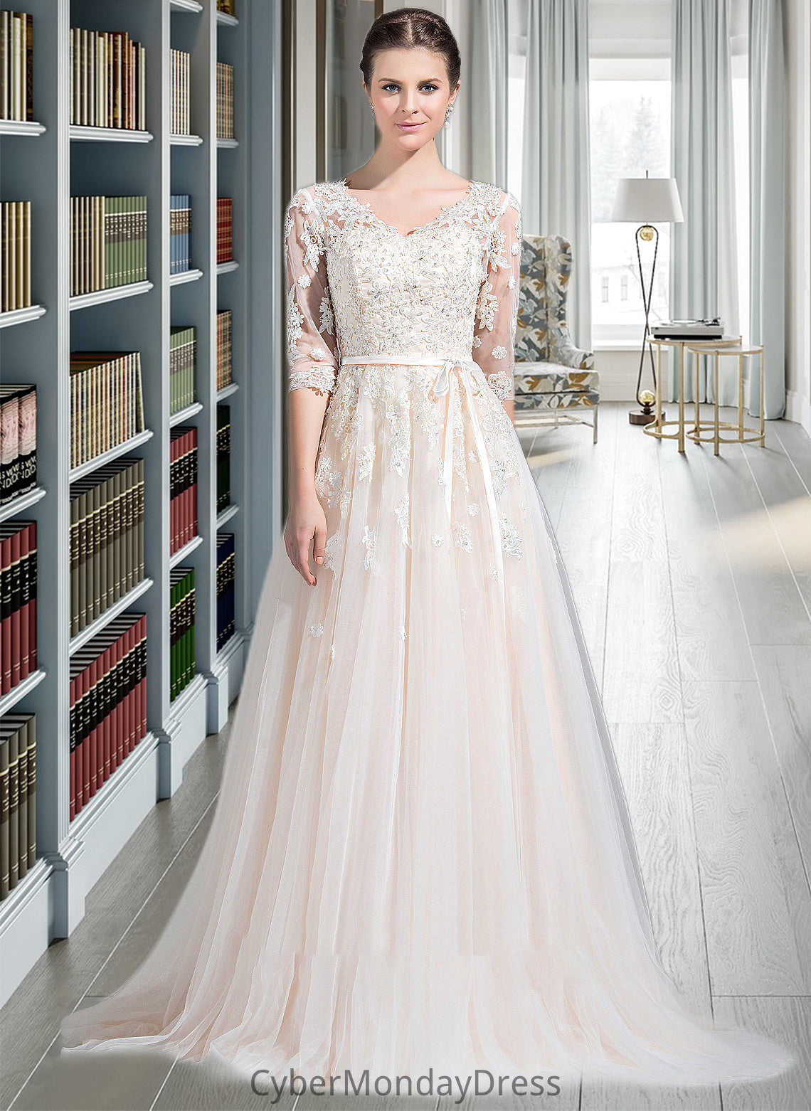 Elva Ball-Gown/Princess V-neck Court Train Tulle Wedding Dress With Beading Appliques Lace Sequins Bow(s) DTP0013809