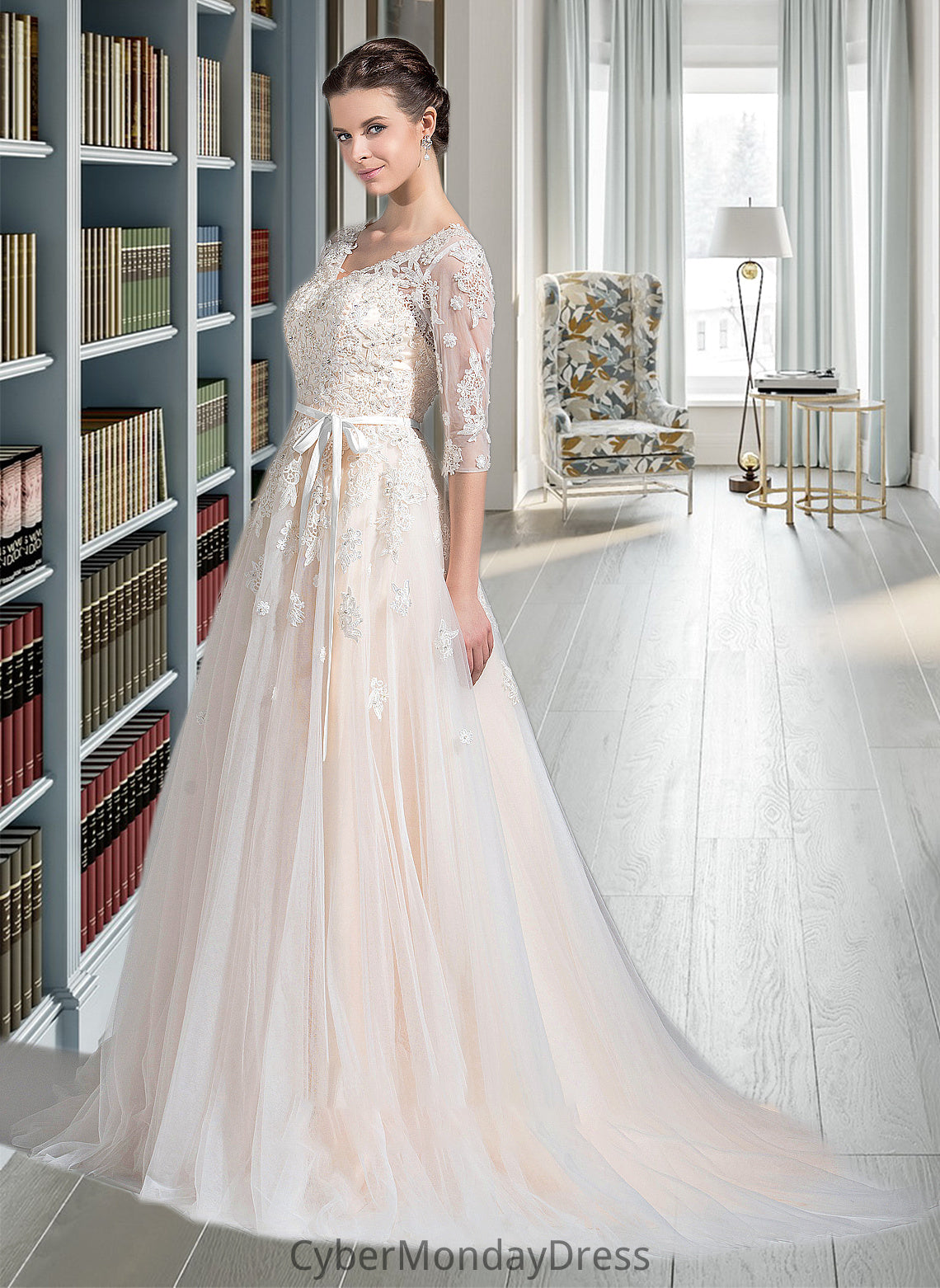 Elva Ball-Gown/Princess V-neck Court Train Tulle Wedding Dress With Beading Appliques Lace Sequins Bow(s) DTP0013809