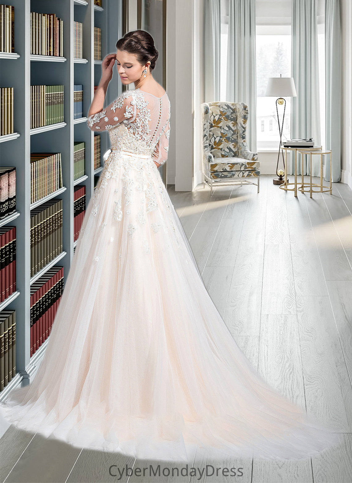 Elva Ball-Gown/Princess V-neck Court Train Tulle Wedding Dress With Beading Appliques Lace Sequins Bow(s) DTP0013809