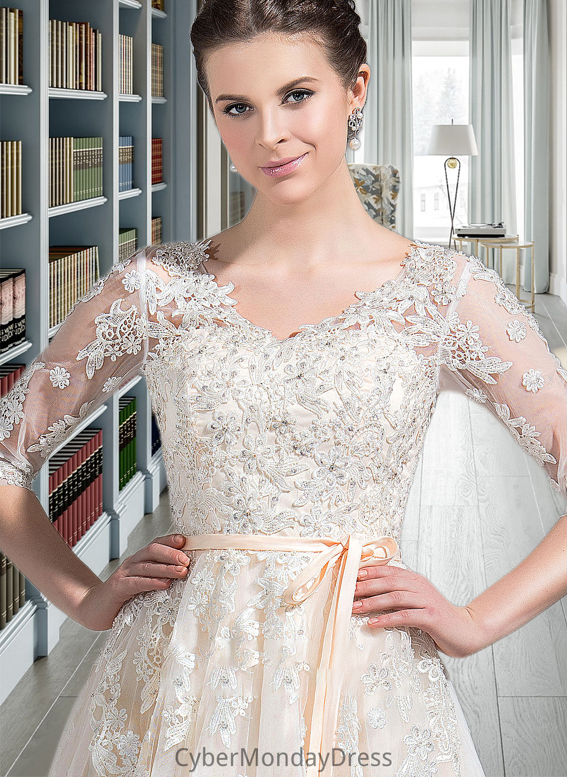 Elva Ball-Gown/Princess V-neck Court Train Tulle Wedding Dress With Beading Appliques Lace Sequins Bow(s) DTP0013809