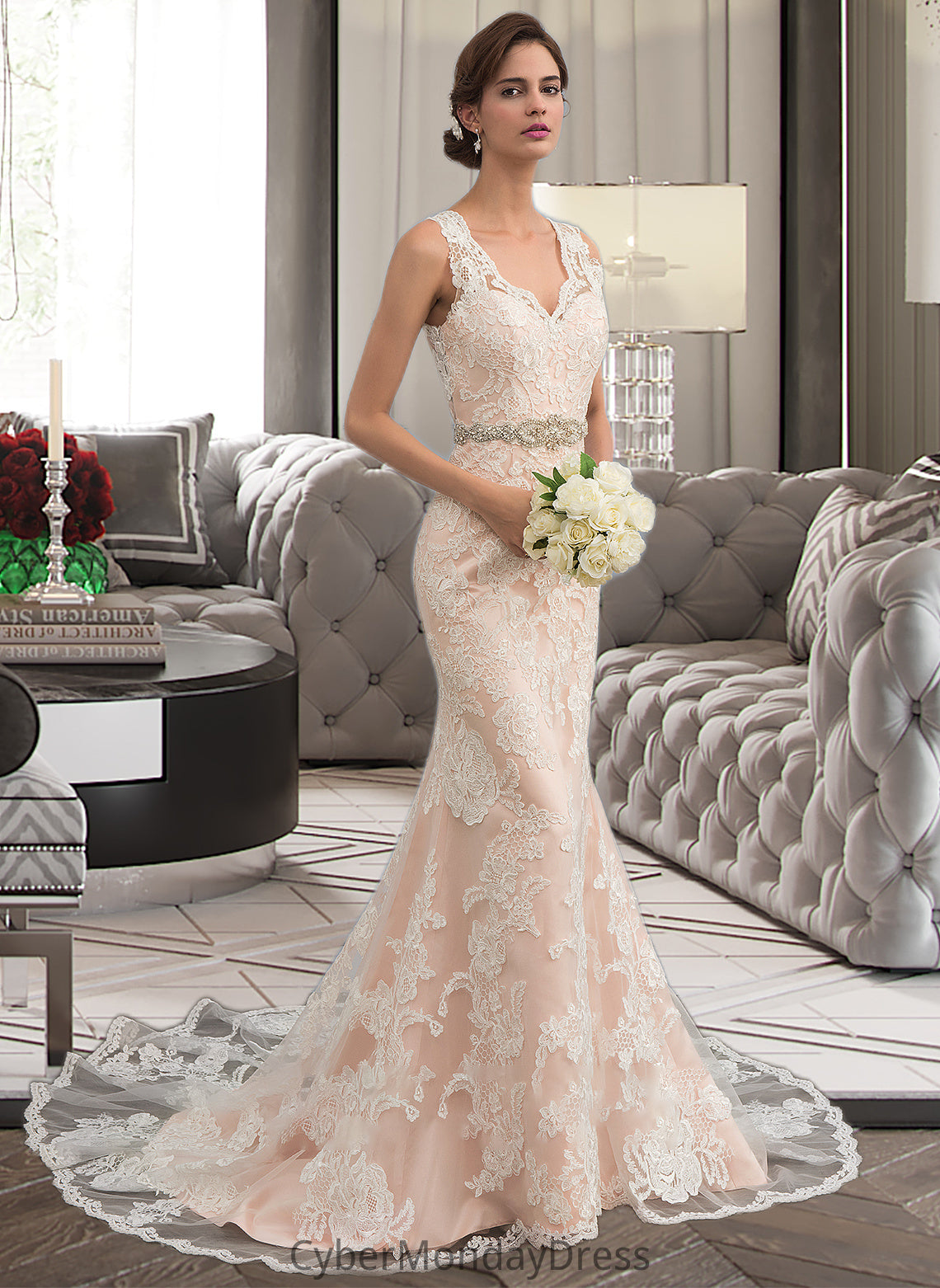 Madilyn Trumpet/Mermaid V-neck Chapel Train Tulle Lace Wedding Dress With Beading DTP0013810