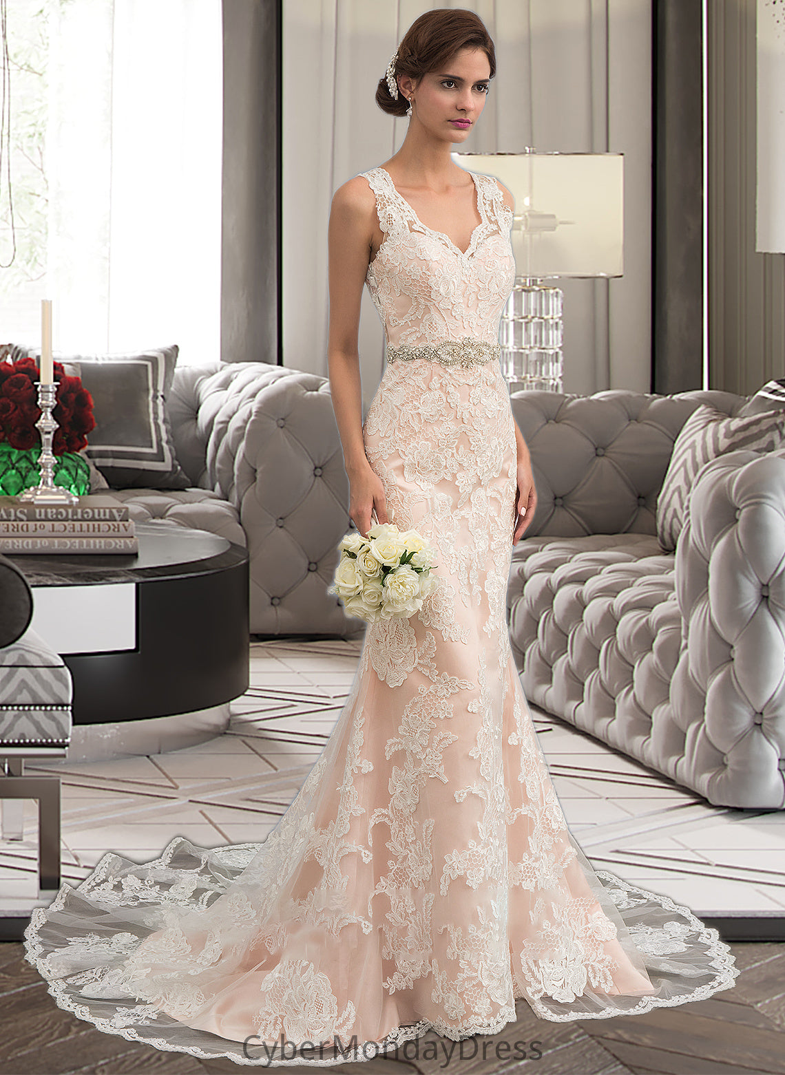 Madilyn Trumpet/Mermaid V-neck Chapel Train Tulle Lace Wedding Dress With Beading DTP0013810