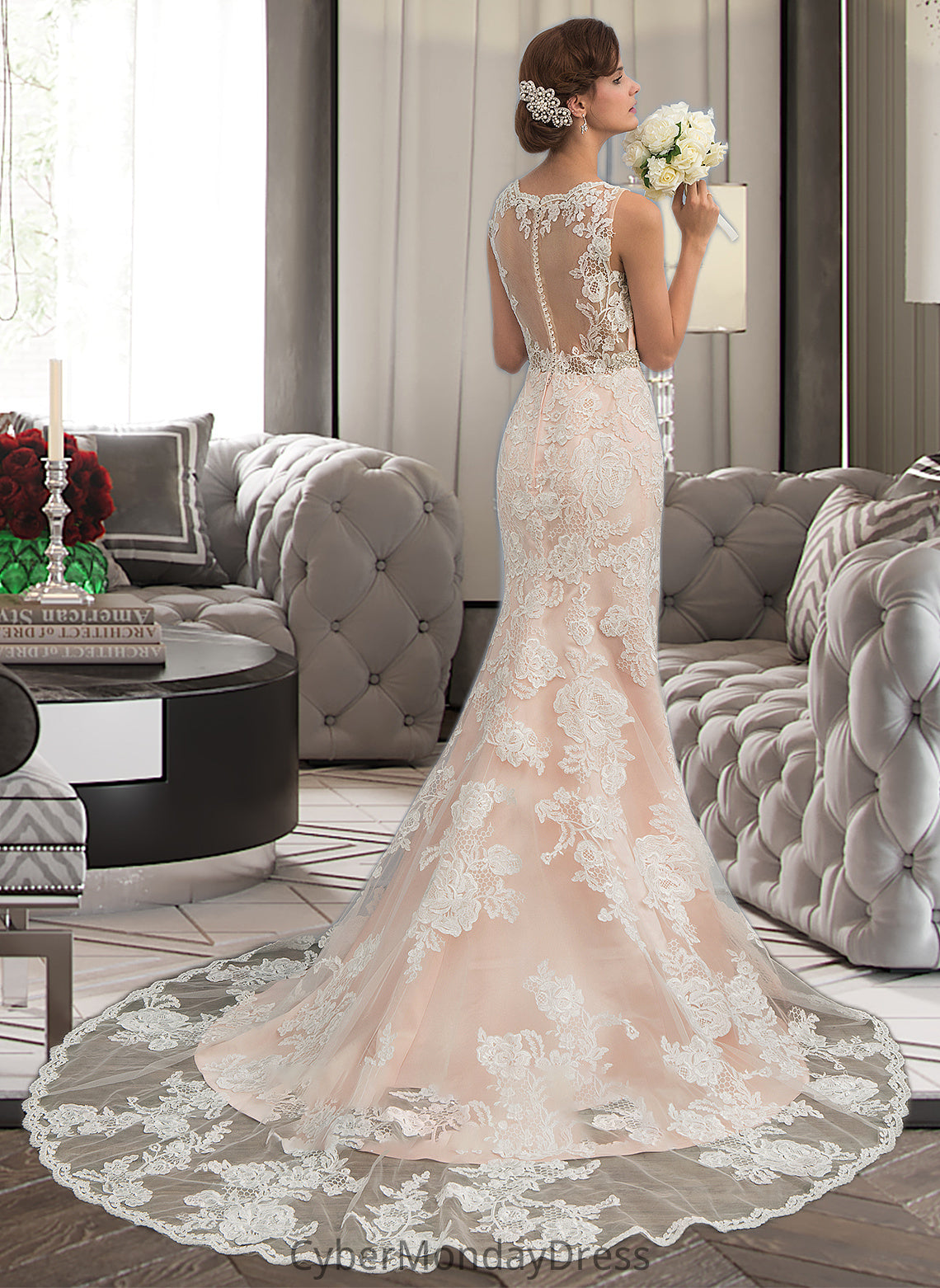 Madilyn Trumpet/Mermaid V-neck Chapel Train Tulle Lace Wedding Dress With Beading DTP0013810