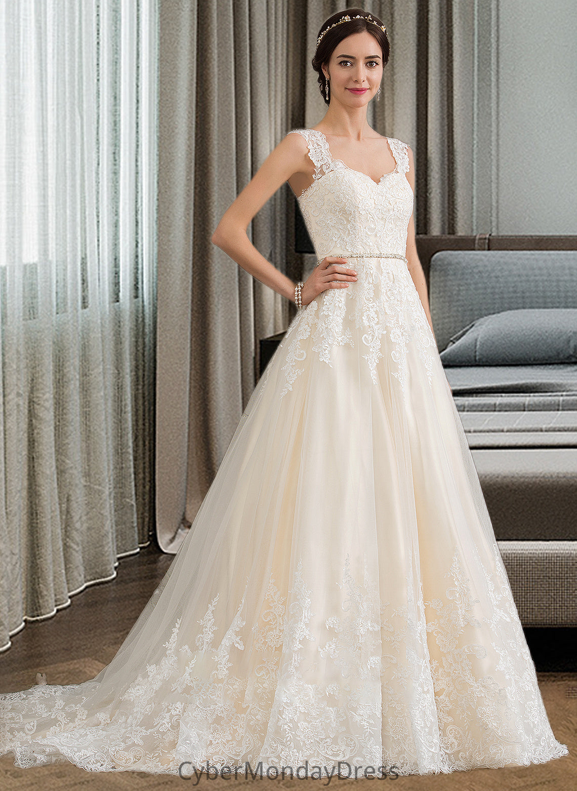 Maggie Ball-Gown/Princess Sweetheart Court Train Tulle Wedding Dress With Beading Sequins DTP0013813