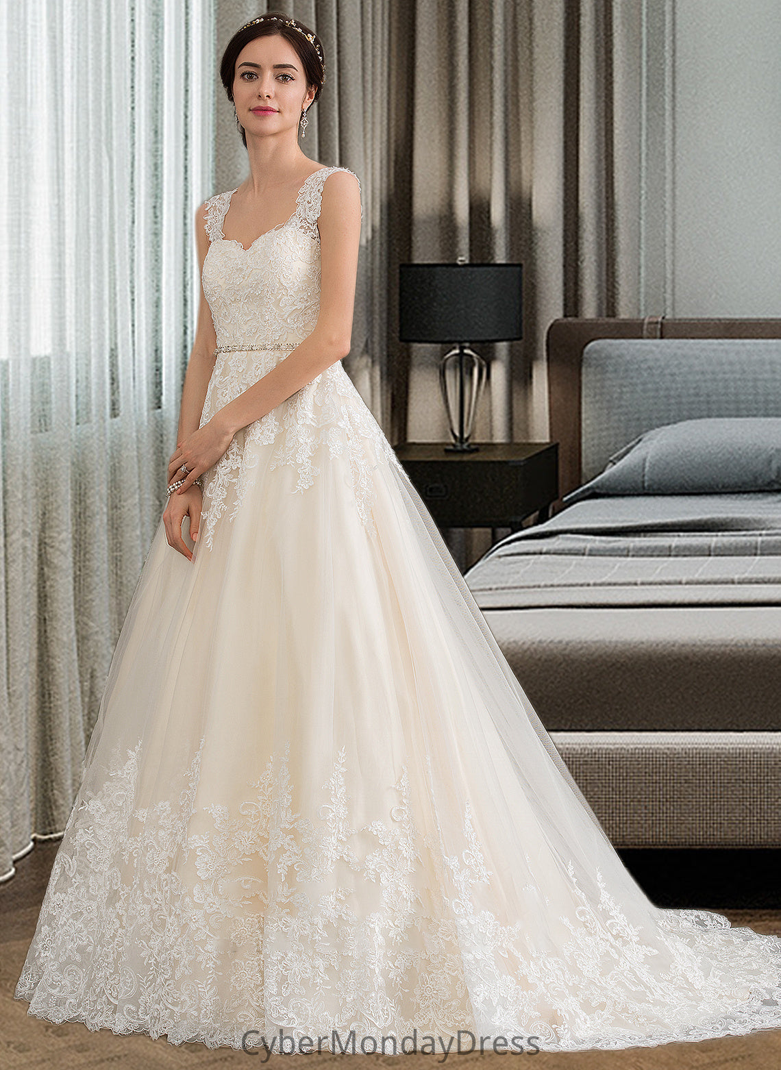 Maggie Ball-Gown/Princess Sweetheart Court Train Tulle Wedding Dress With Beading Sequins DTP0013813