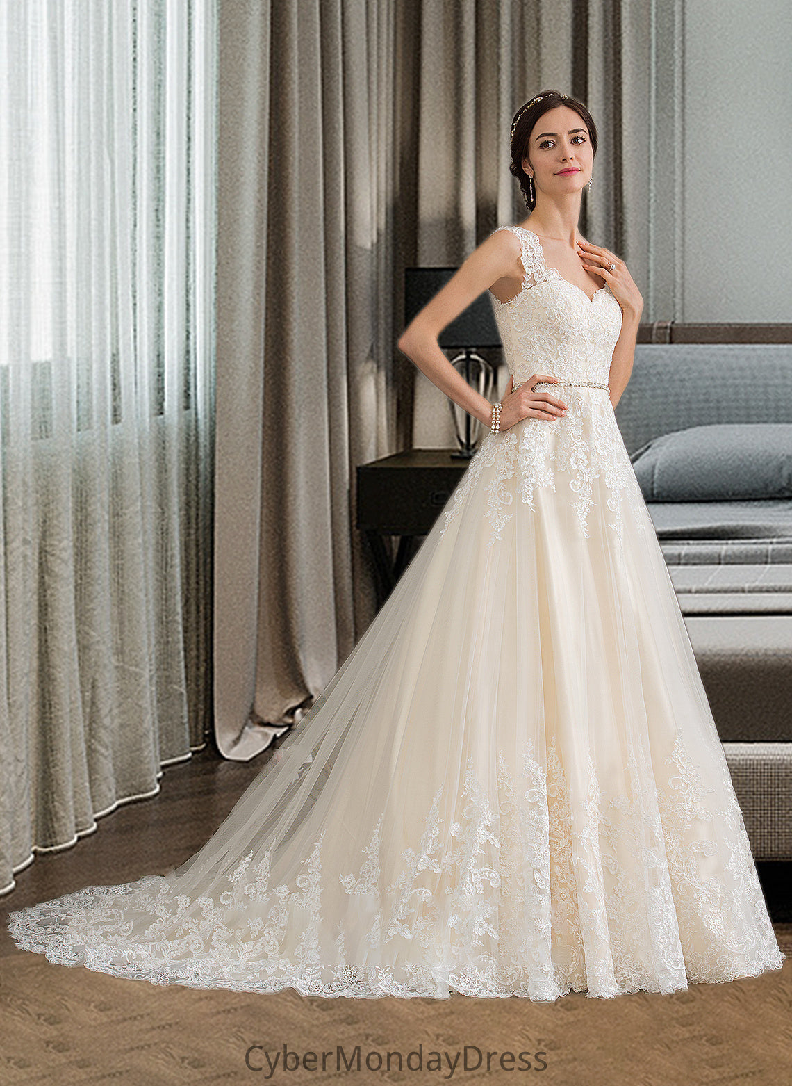 Maggie Ball-Gown/Princess Sweetheart Court Train Tulle Wedding Dress With Beading Sequins DTP0013813