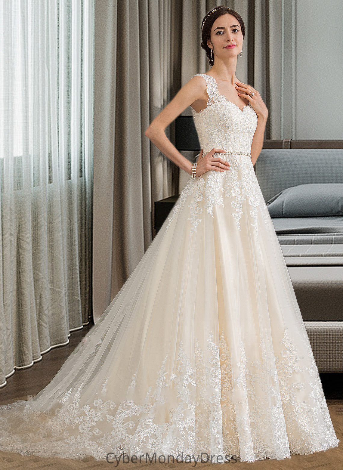 Maggie Ball-Gown/Princess Sweetheart Court Train Tulle Wedding Dress With Beading Sequins DTP0013813