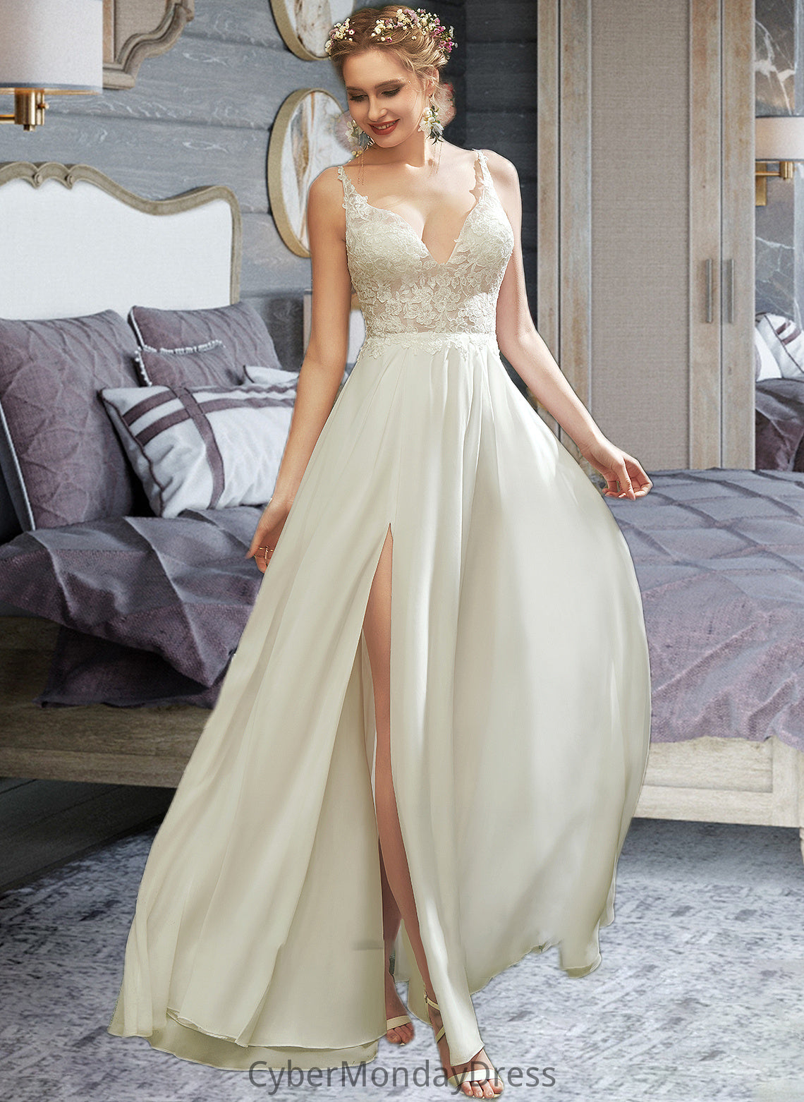 Susanna A-Line V-neck Floor-Length Wedding Dress With Lace Split Front DTP0013815