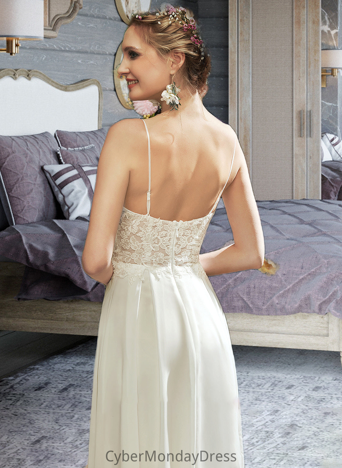 Susanna A-Line V-neck Floor-Length Wedding Dress With Lace Split Front DTP0013815