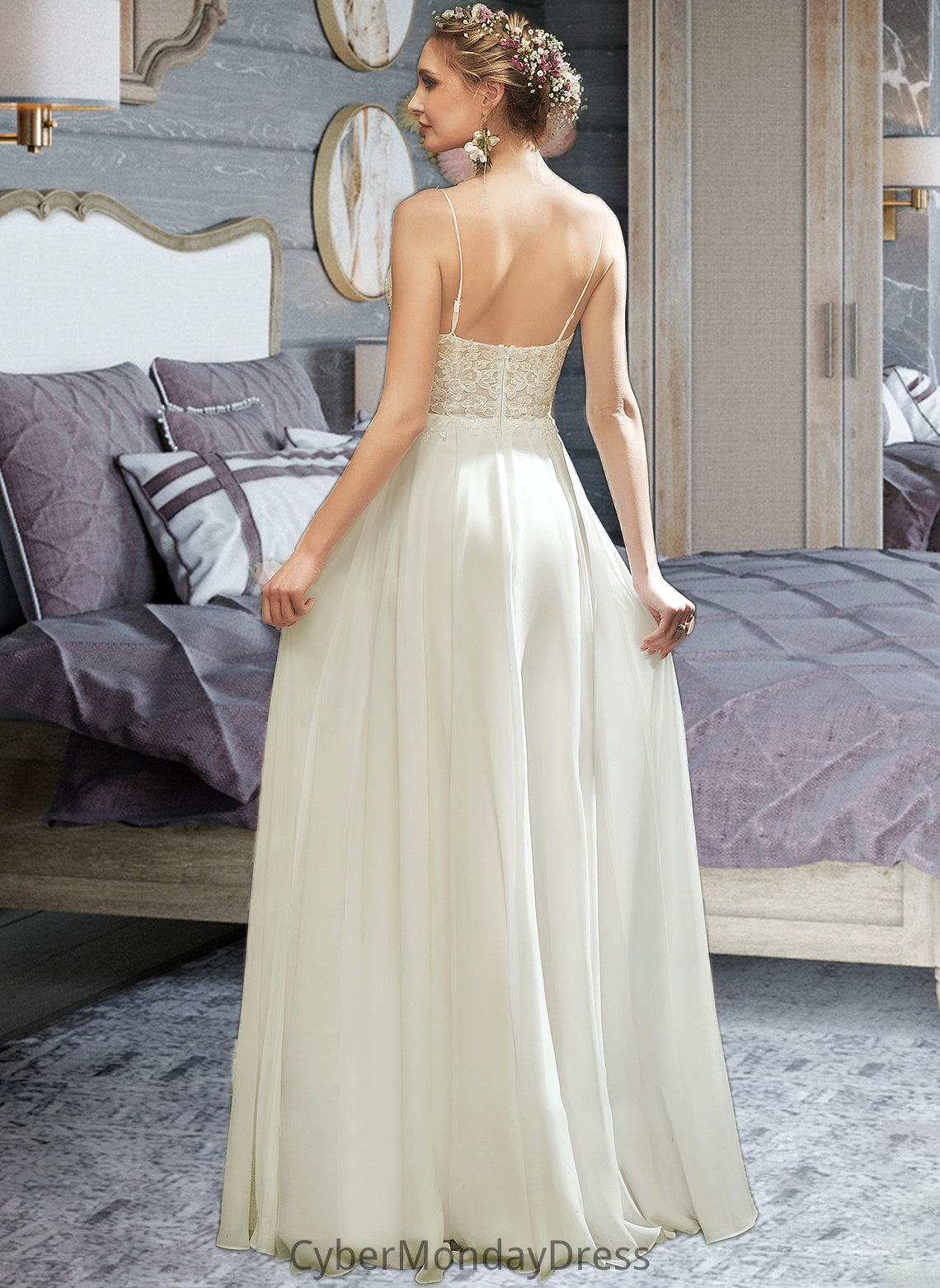 Susanna A-Line V-neck Floor-Length Wedding Dress With Lace Split Front DTP0013815