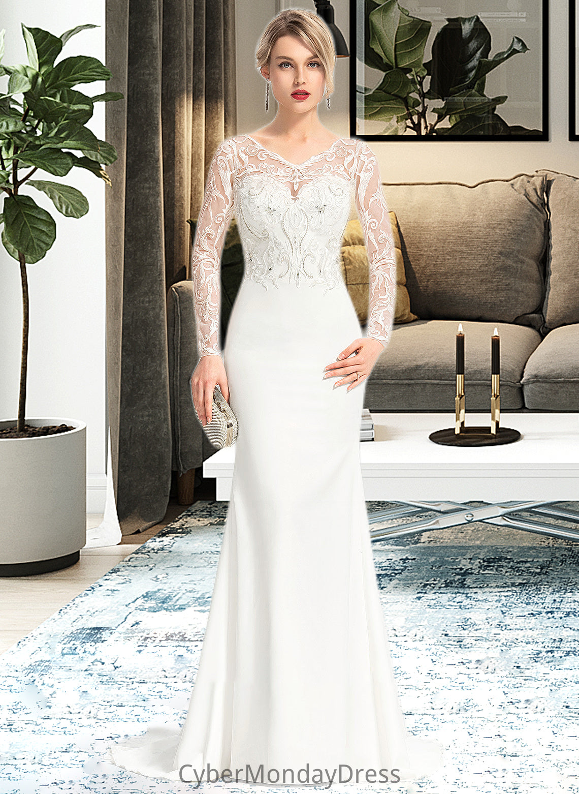 Charlotte Trumpet/Mermaid V-neck Sweep Train Stretch Crepe Wedding Dress With Beading Sequins DTP0013816