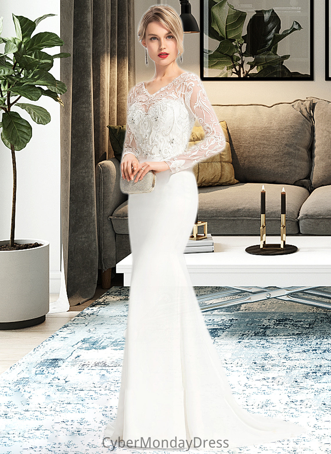 Charlotte Trumpet/Mermaid V-neck Sweep Train Stretch Crepe Wedding Dress With Beading Sequins DTP0013816