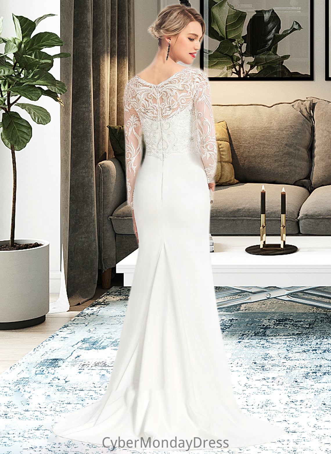 Charlotte Trumpet/Mermaid V-neck Sweep Train Stretch Crepe Wedding Dress With Beading Sequins DTP0013816