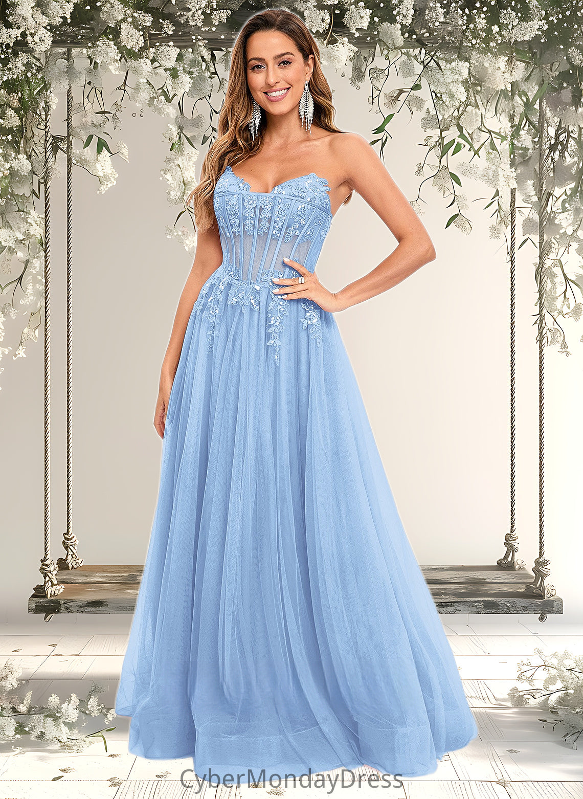 Morgan Ball-Gown/Princess V-Neck Floor-Length Tulle Prom Dresses With Sequins Appliques Lace DTP0025837