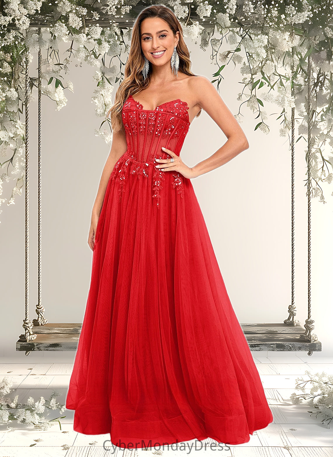 Morgan Ball-Gown/Princess V-Neck Floor-Length Tulle Prom Dresses With Sequins Appliques Lace DTP0025837