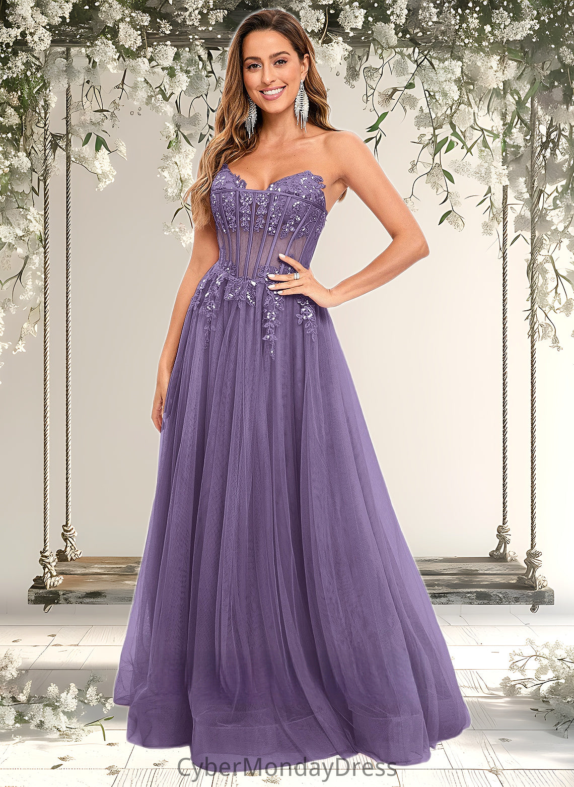 Morgan Ball-Gown/Princess V-Neck Floor-Length Tulle Prom Dresses With Sequins Appliques Lace DTP0025837