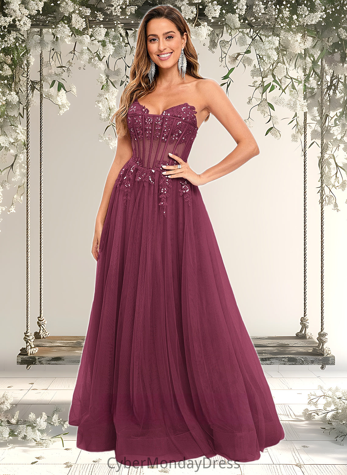 Morgan Ball-Gown/Princess V-Neck Floor-Length Tulle Prom Dresses With Sequins Appliques Lace DTP0025837