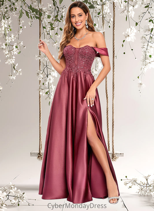 Paula A-line Off the Shoulder Floor-Length Satin Lace Prom Dresses With Sequins DTP0025841