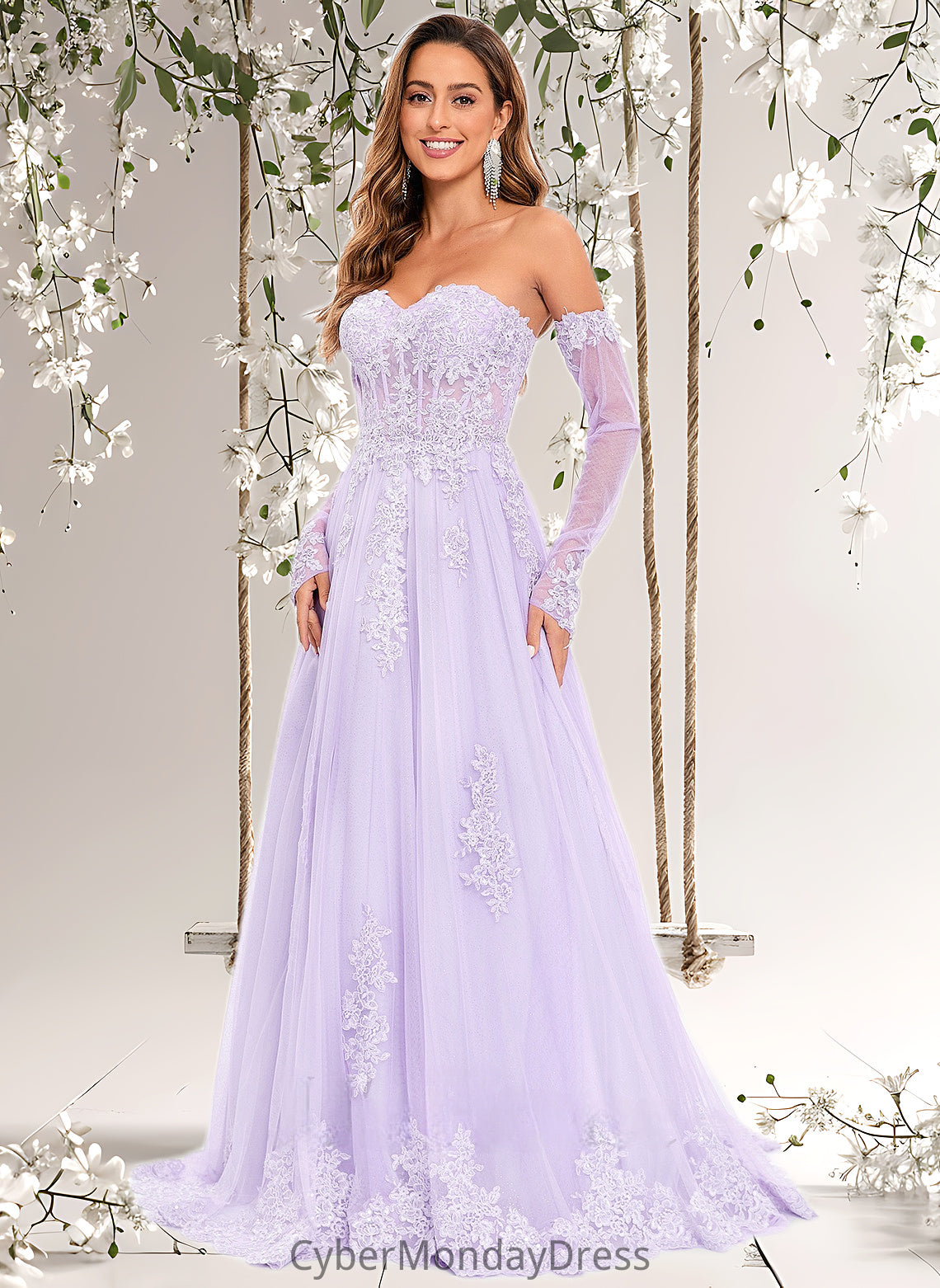 Averi A-line Sweetheart Sweep Train Tulle Prom Dresses With Sequins Appliques Lace DTP0025856