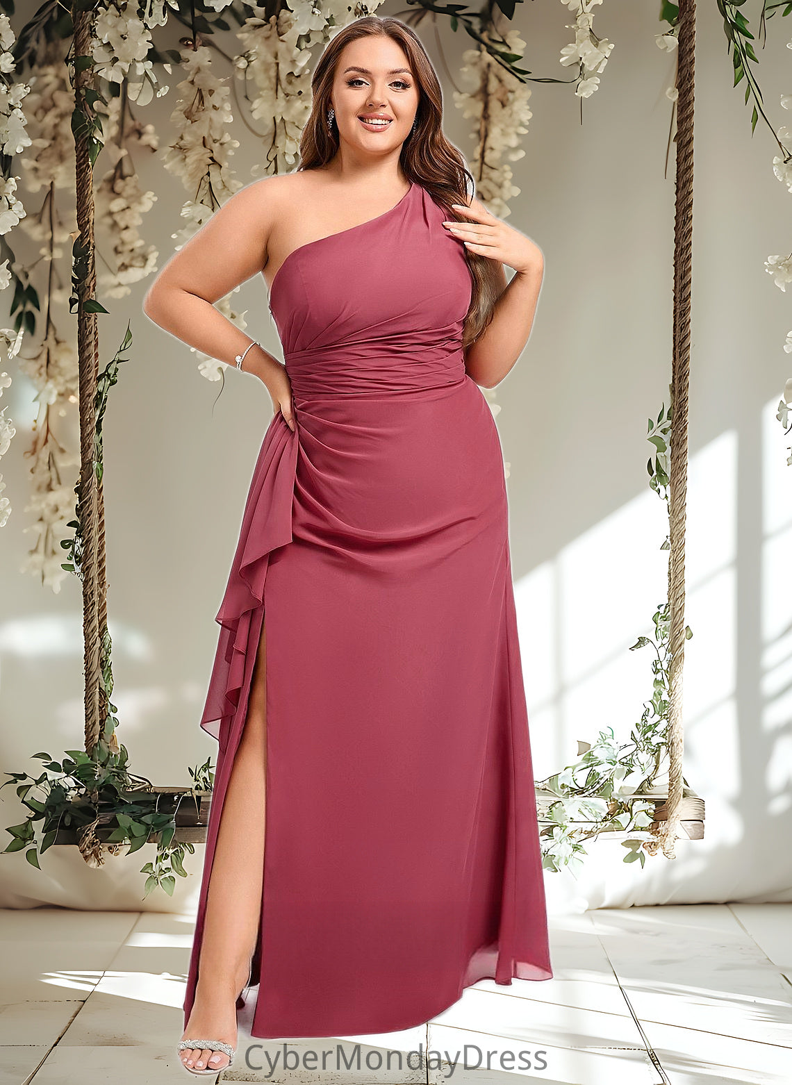 Vicky A-line One Shoulder Floor-Length Chiffon Bridesmaid Dress With Ruffle DTP0025824