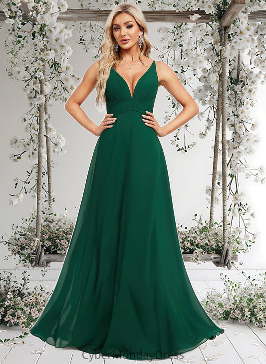 Maya A-line V-Neck Floor-Length Chiffon Bridesmaid Dress DTP0025813